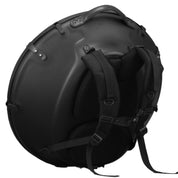 The Avaja Hardcase Vintage Style by Avaja is a black, round hard-shell backpack with padded shoulder straps and a top handle, inspired by the Yatao Handpan design for secure carrying and protection.
