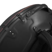 Close-up of the Avaja Hardcase Vintage Style by Avaja, a black hard-shell case featuring a handle, zipper, and secure straps—ideal for carrying handpans or specialty gear.