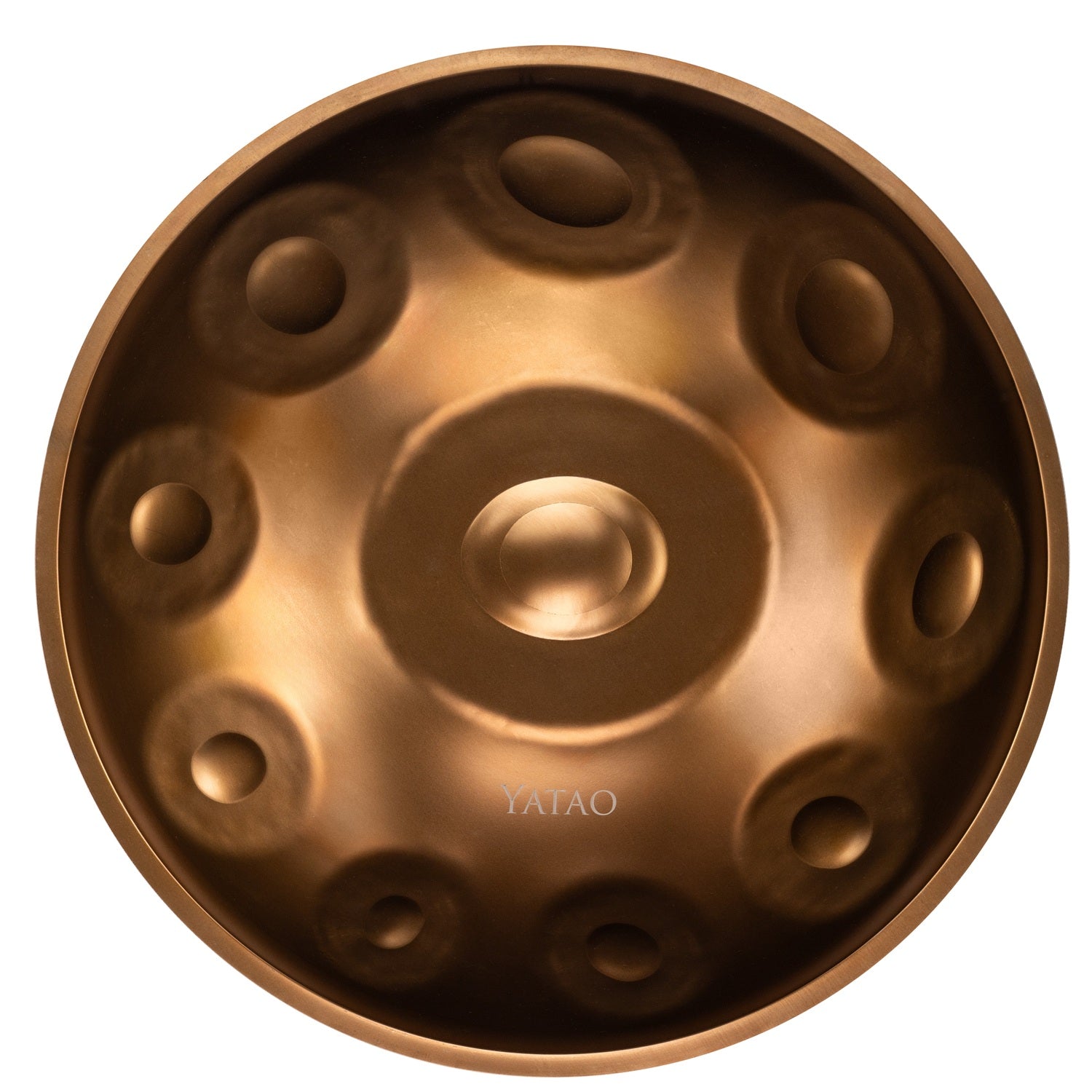 The YataoPan D Kurd 13 Ember by Yatao // Shop features a metallic bronze finish, central dome, and circular indentations. “YATAO” is inscribed near the bottom—ideal for beginners. Shown against a white background.