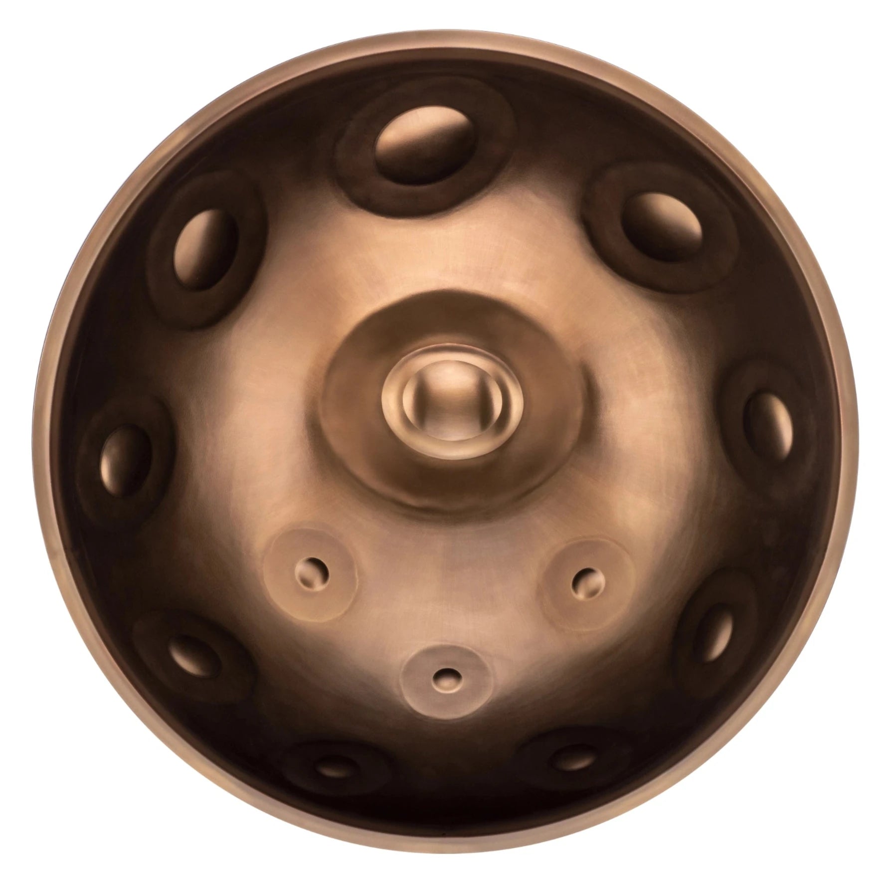 The Yatao // Shop MAG E Amara 20 is a round metallic handpan drum seen from above, with a central dome and circular indentations arranged in a pattern, reminiscent of those from renowned makers.