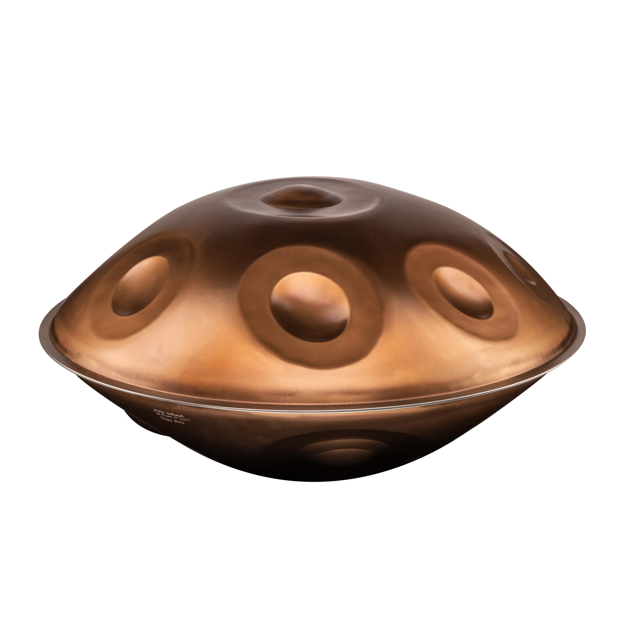 The MAG F# low pygmy 21 by Yatao // Shop is a metallic handpan drum with a dome shape and circular indentations, crafted in the signature style of Yatao, shown here isolated on a white background.