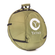 A green, round Yatao // Shop carrying case with handle and zippered front pocket, designed for storing and transporting the YataoPan D Kurd 13 Ember or similar handpans—perfect for beginners.