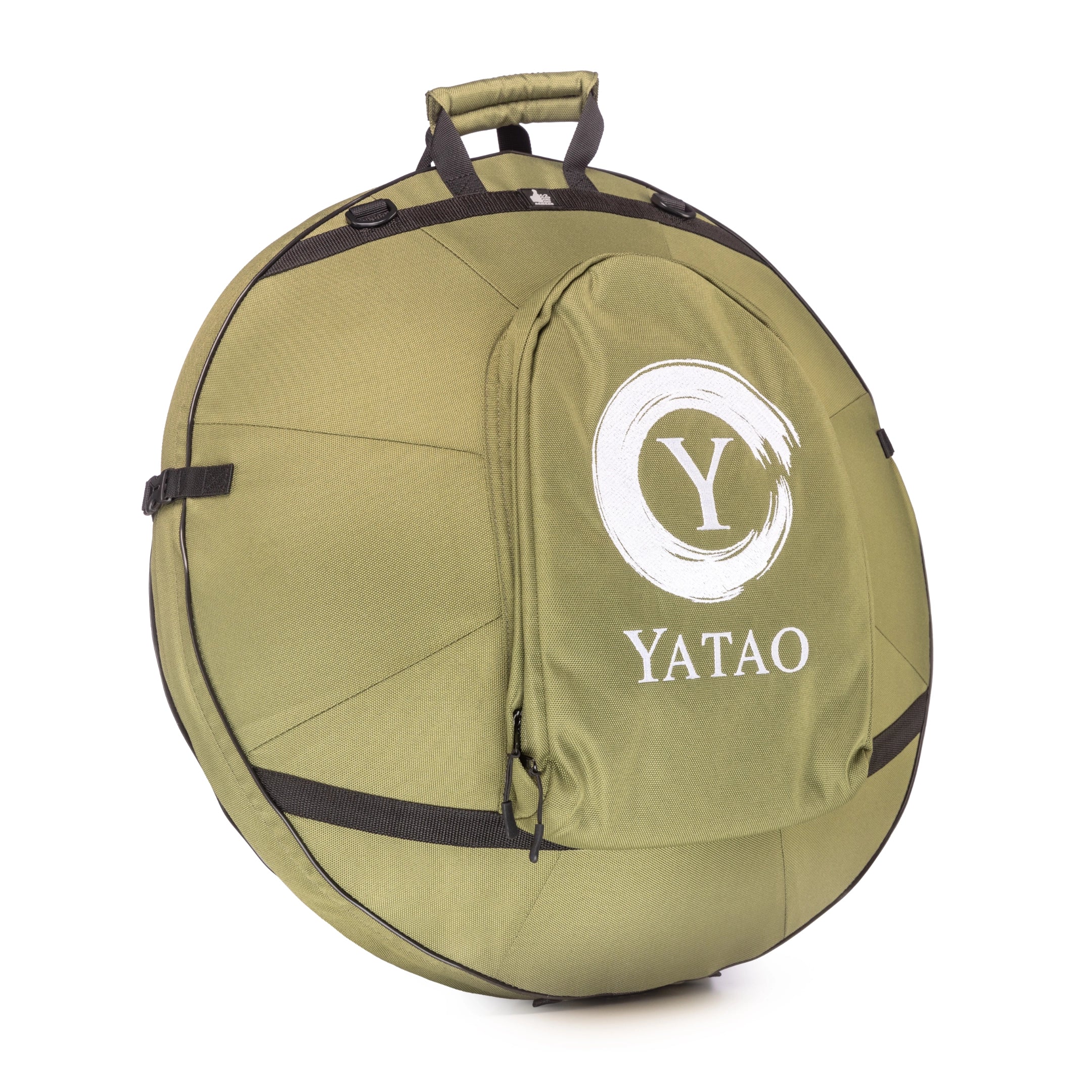 A green, round Yatao // Shop carrying case with handle and zippered front pocket, designed for storing and transporting the YataoPan D Kurd 13 Ember or similar handpans—perfect for beginners.