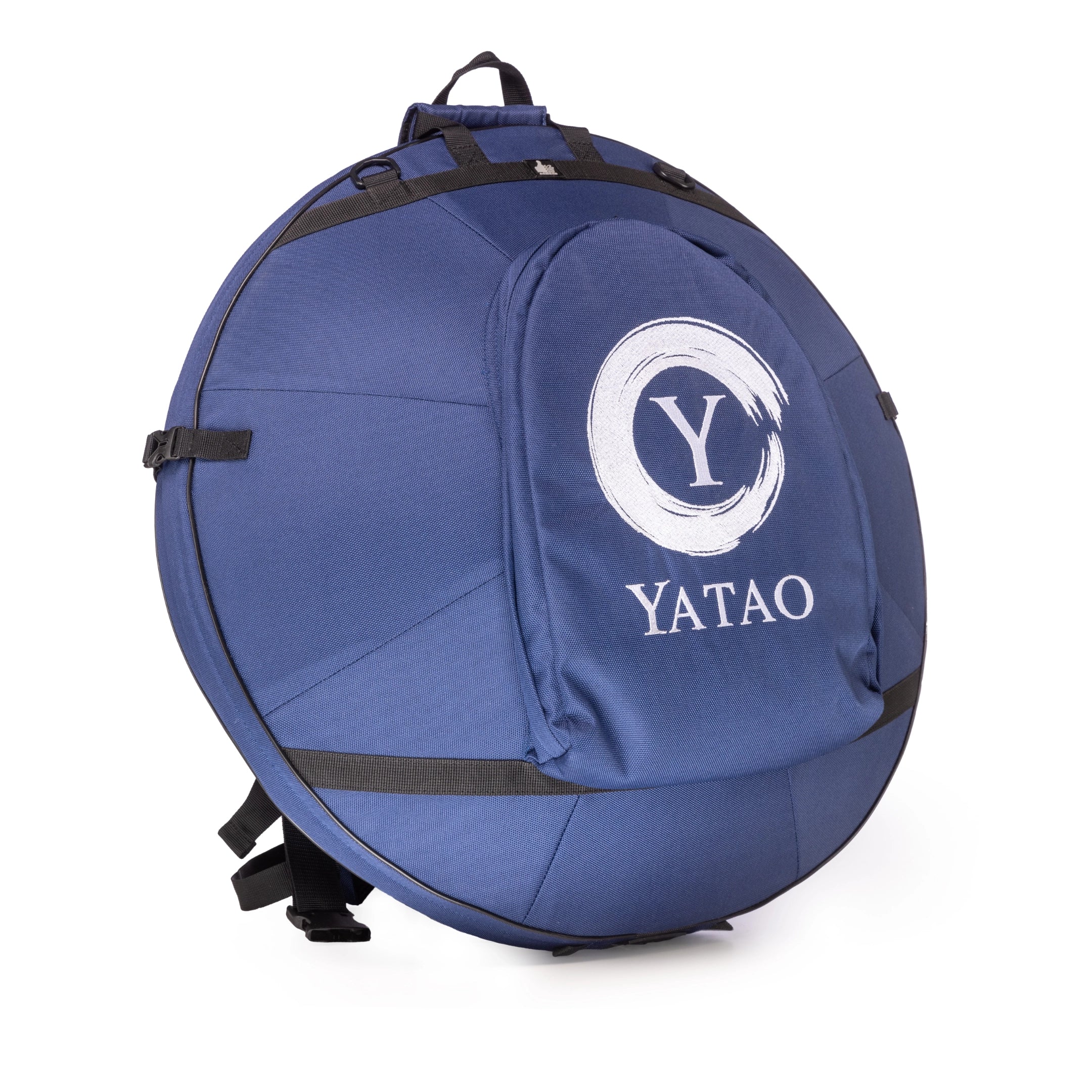 The Namana Handpan Bag Namana Softcase is a round blue bag with shoulder straps and a front pocket, featuring a white stylized Y logo inspired by Yatao Handpan.