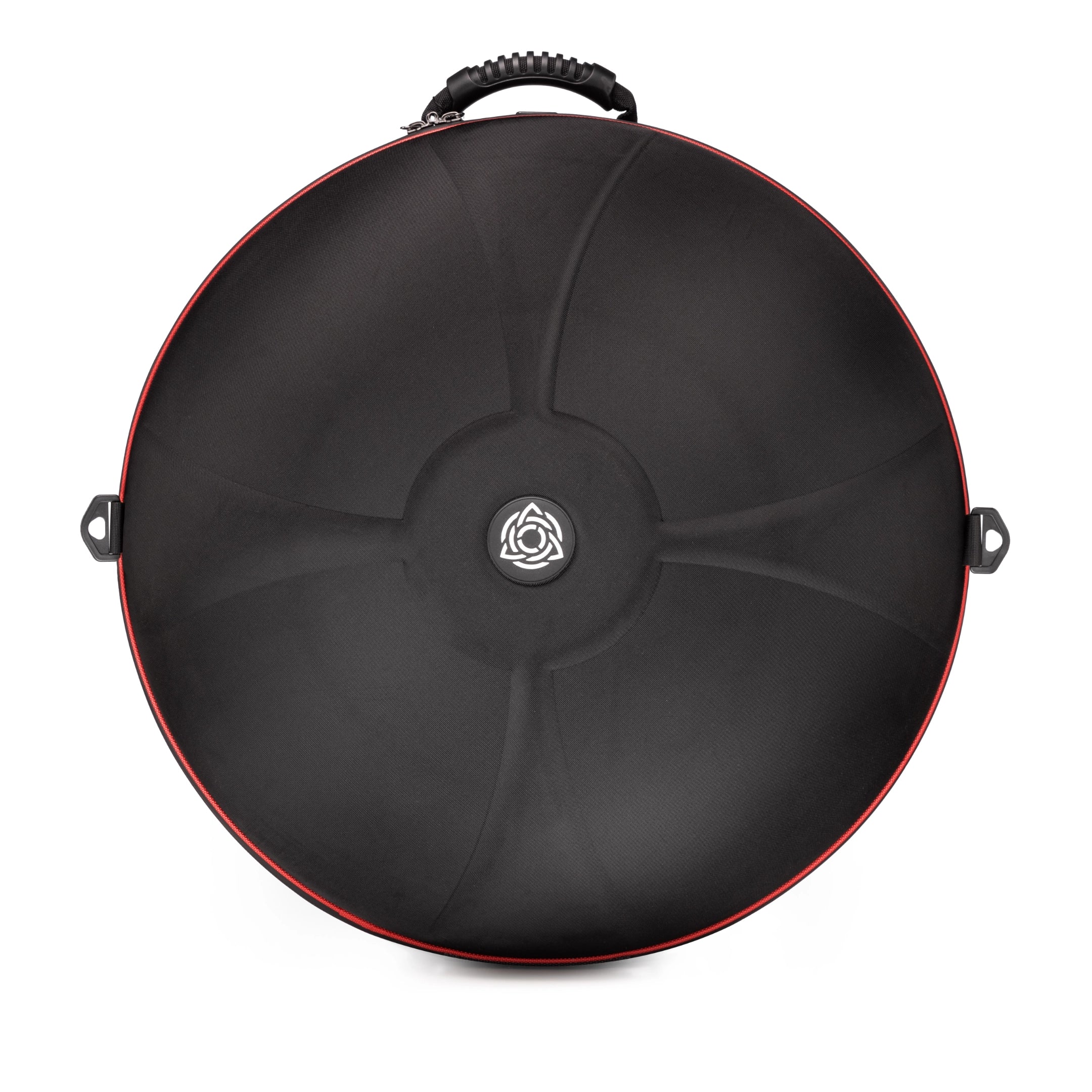 A round, black hard shell case with a center logo, red edge trim, textured top handle, and two side handles—made for carrying and protecting the MAG E Amara 20 handpan from Yatao // Shop.
