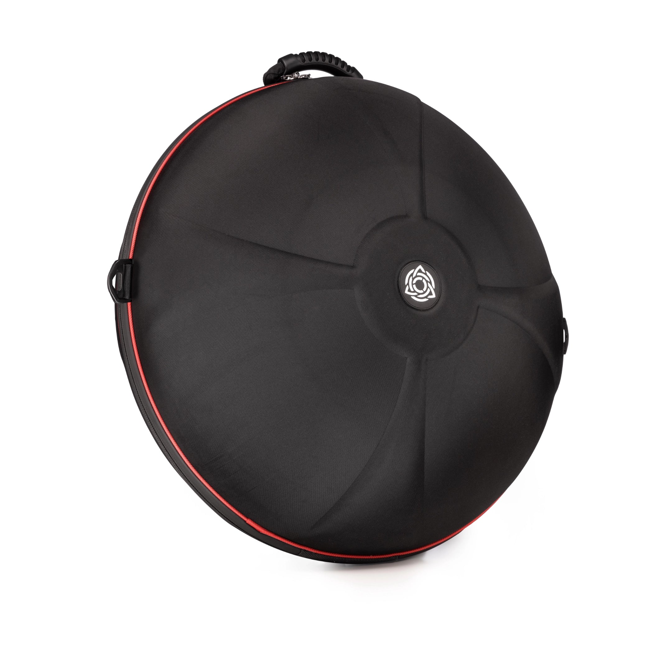 The TurtleCase Handpan Bag Evatek 2.0 medium HCT is a black, circular hard-shell case with red trim, a top handle, and a white logo—ideal for safely transporting your handpan.