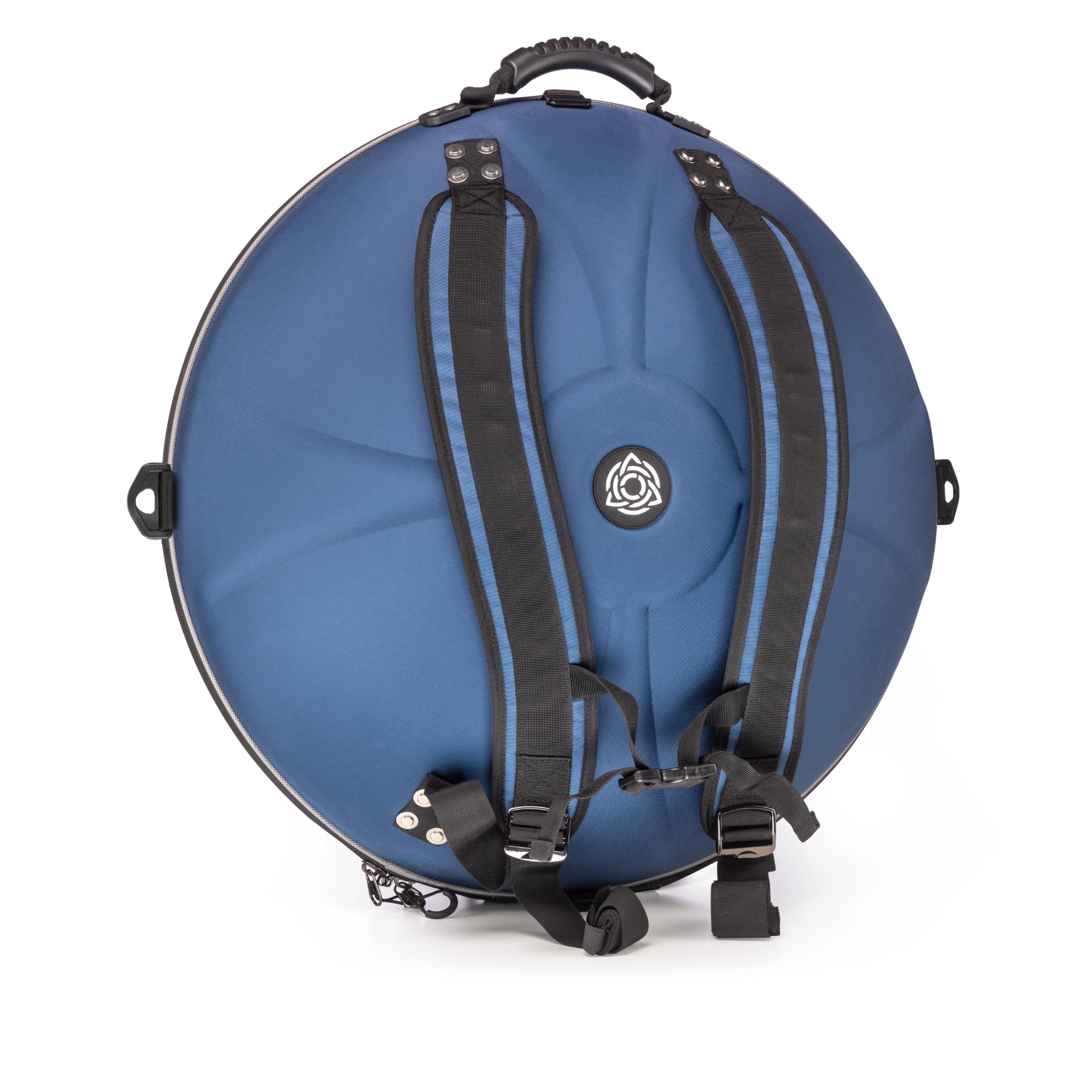 The TurtleCase Handpan Bag Evatek 2.0 medium HCT is a blue, round hard shell backpack with black straps and handle, featuring a central white emblem—perfect for safely and comfortably carrying your handpan.