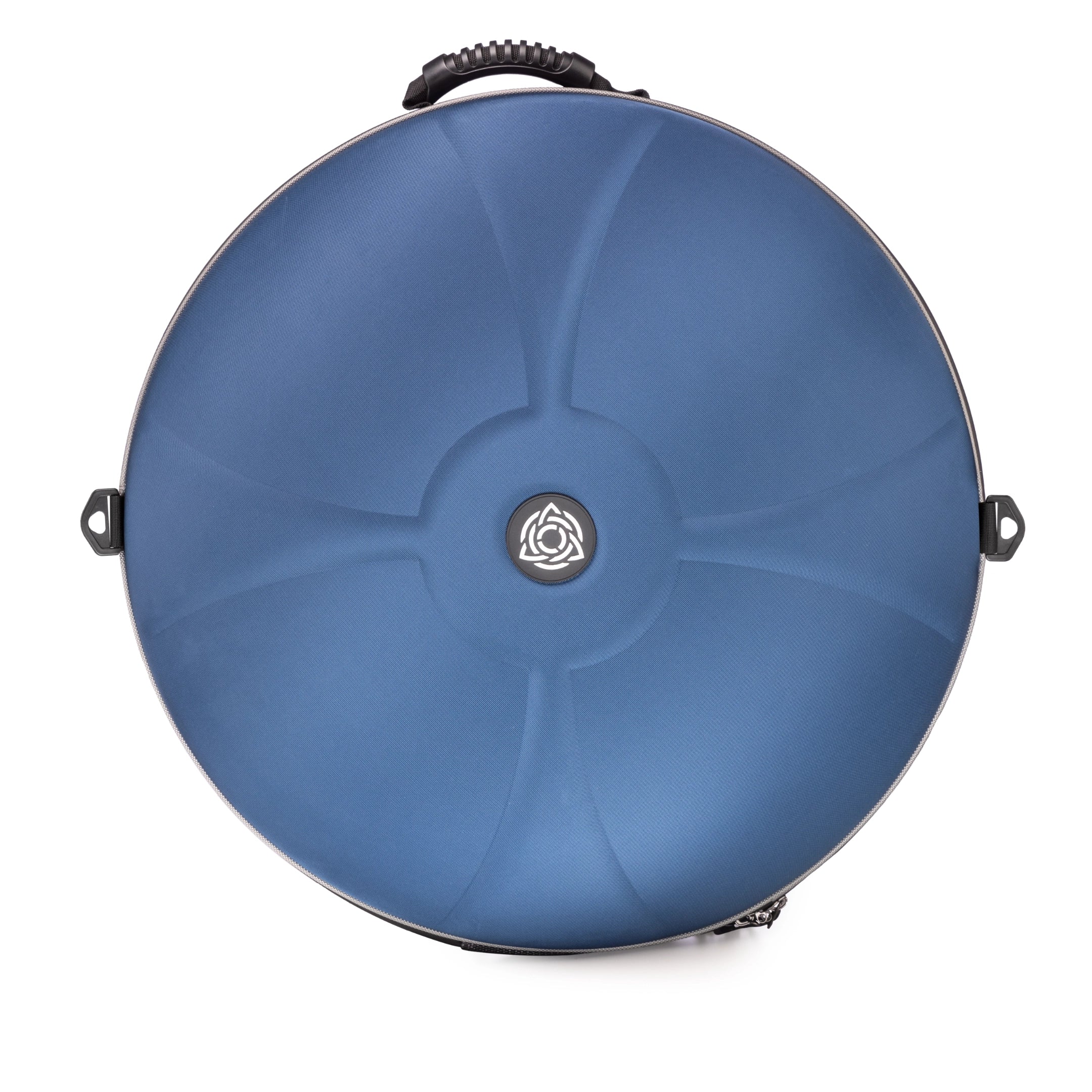 The TurtleCase Handpan Bag Evatek 2.0 medium HCT is a blue hardcase round carrying case with a top handle, two side latches, and a circular rose emblem—ideal as a durable case for your handpan.