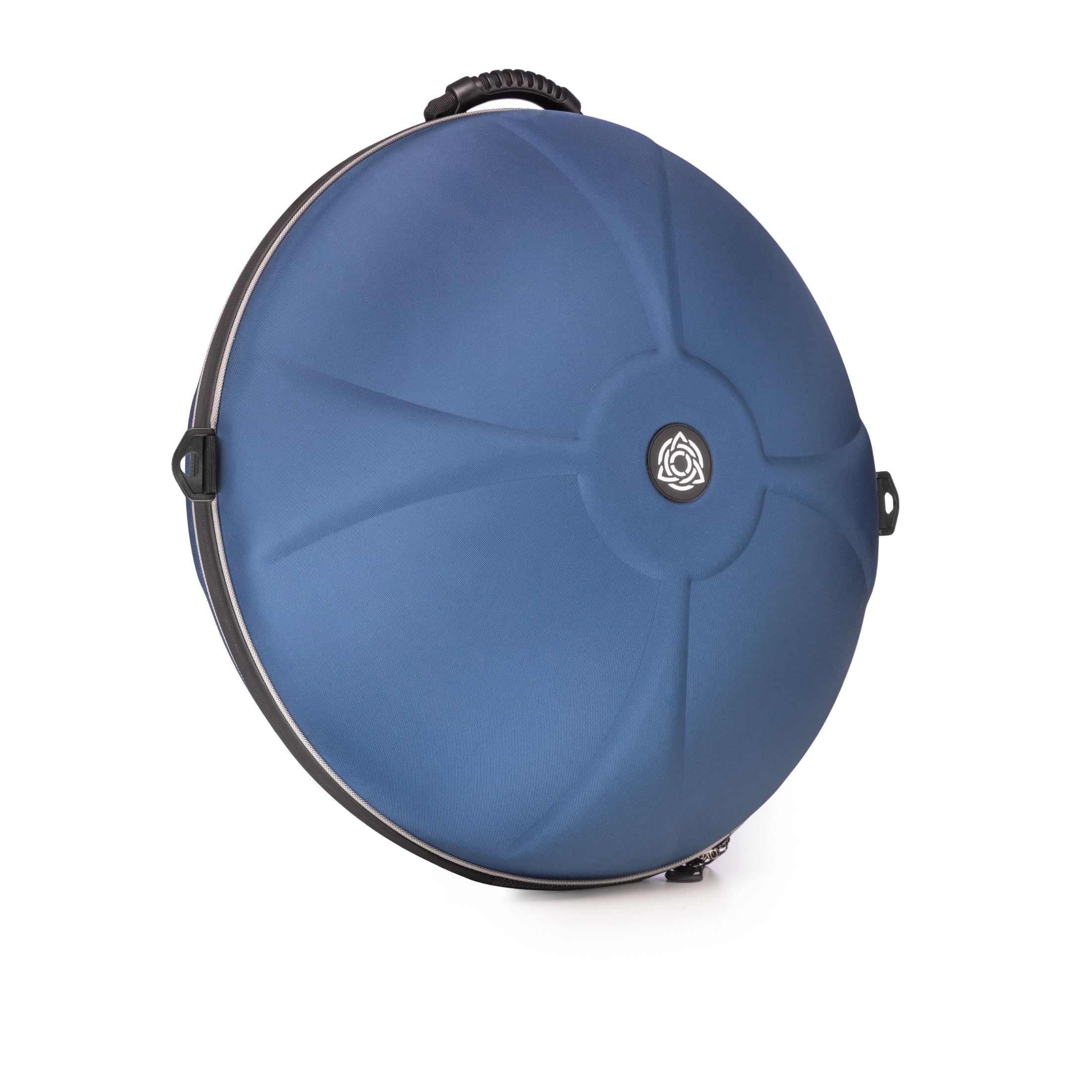 The TurtleCase Handpan Bag Evatek 2.0 medium HCT is a blue, round, hard-shell case with a black handle, central silver logo, smooth curved lines, and black-rimmed edge—crafted for secure instrument transport.