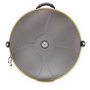 A round, hard-shell carrying case for your Ayasa D Kurd 10 by Yatao // Shop, with a black top handle, yellow-edged trim, central logo, subtle curved lines on the surface, and two side hooks—one featuring a clip.