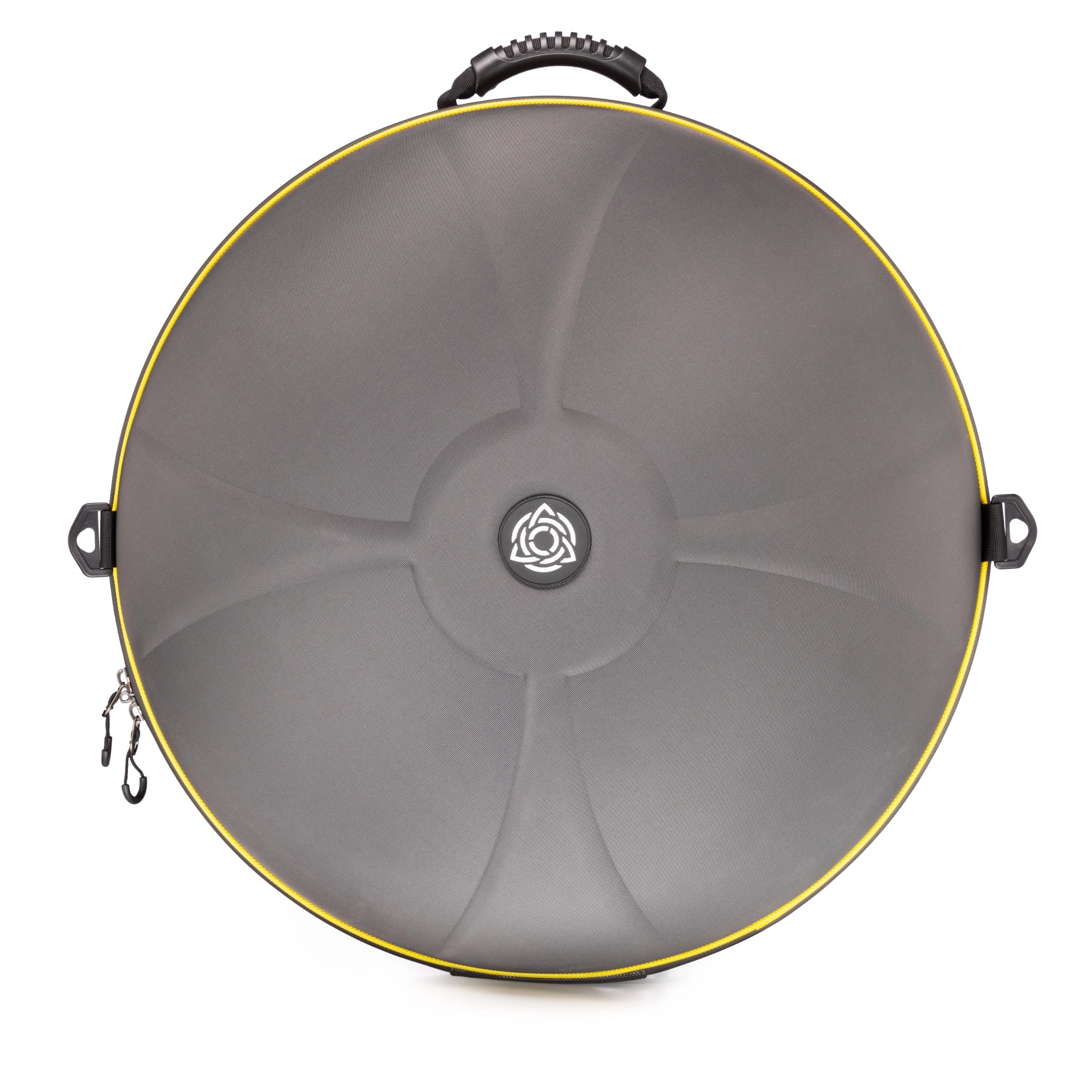 A round, hard-shell carrying case for your Ayasa D Kurd 10 by Yatao // Shop, with a black top handle, yellow-edged trim, central logo, subtle curved lines on the surface, and two side hooks—one featuring a clip.