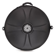A round, hard-shell black carrying case with a handle and a white rose logo at the center, featuring textured lines and side latches for security. Inspired by Yatao Handpan craftsmanship. Product: MAG E Amara 20 by Yatao // Shop.