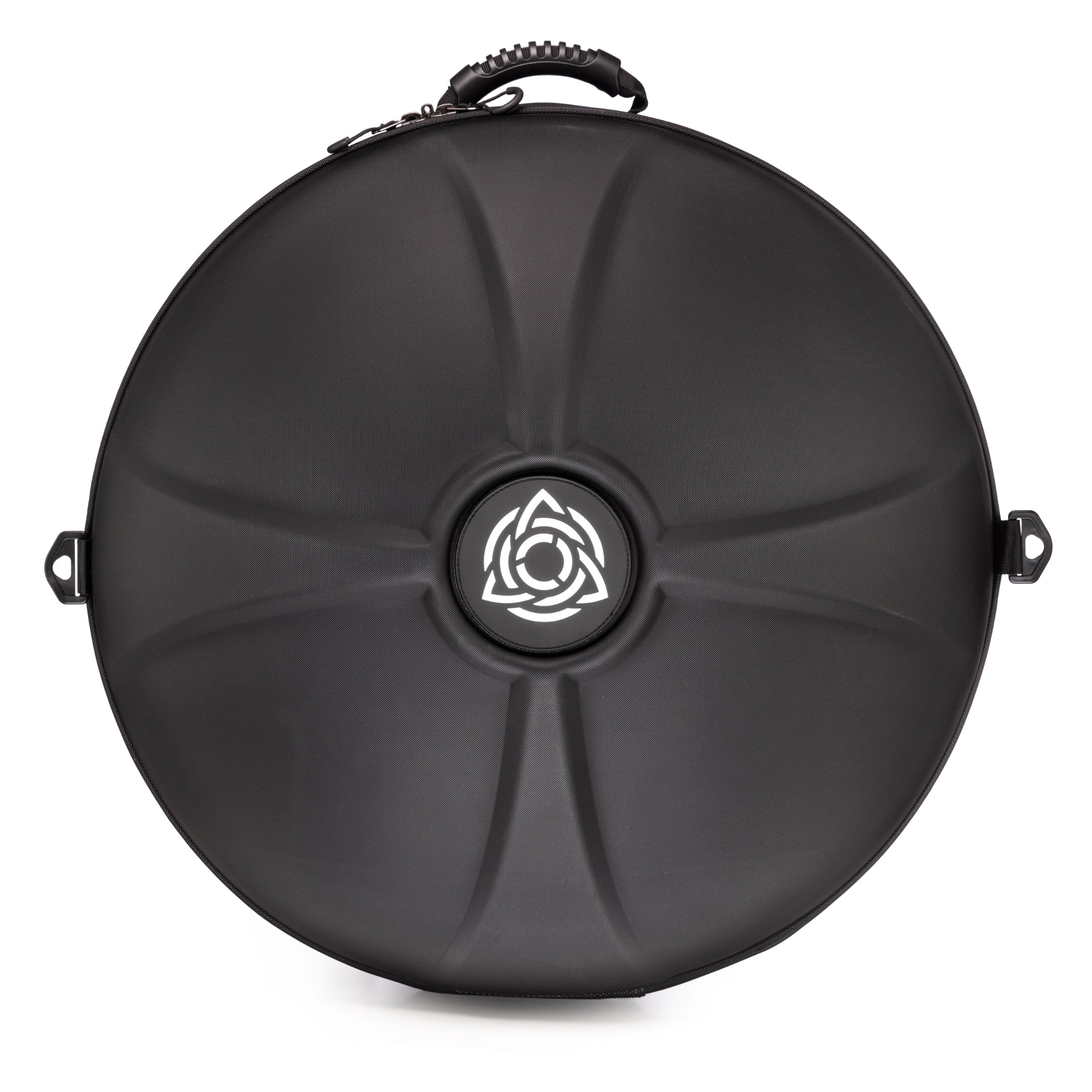 A round, hard-shell black carrying case with a handle and a white rose logo at the center, featuring textured lines and side latches for security. Inspired by Yatao Handpan craftsmanship. Product: MAG E Amara 20 by Yatao // Shop.
