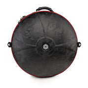 A round, black carrying case by Yatao // Shop with red trim, top handle, side loops, and white rose logo. Designed for the YataoPan D Kurd 13 Ember handpan, it has a subtle camouflage pattern—ideal for beginner players.
