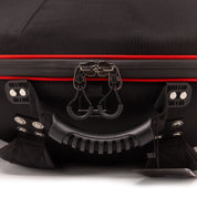 Close-up of the TurtleCase Handpan Bag Evatek 2.0 medium HCT: a black bag with red zipper, secured by a padlock through two zipper pulls, featuring a sturdy black plastic handle underneath.