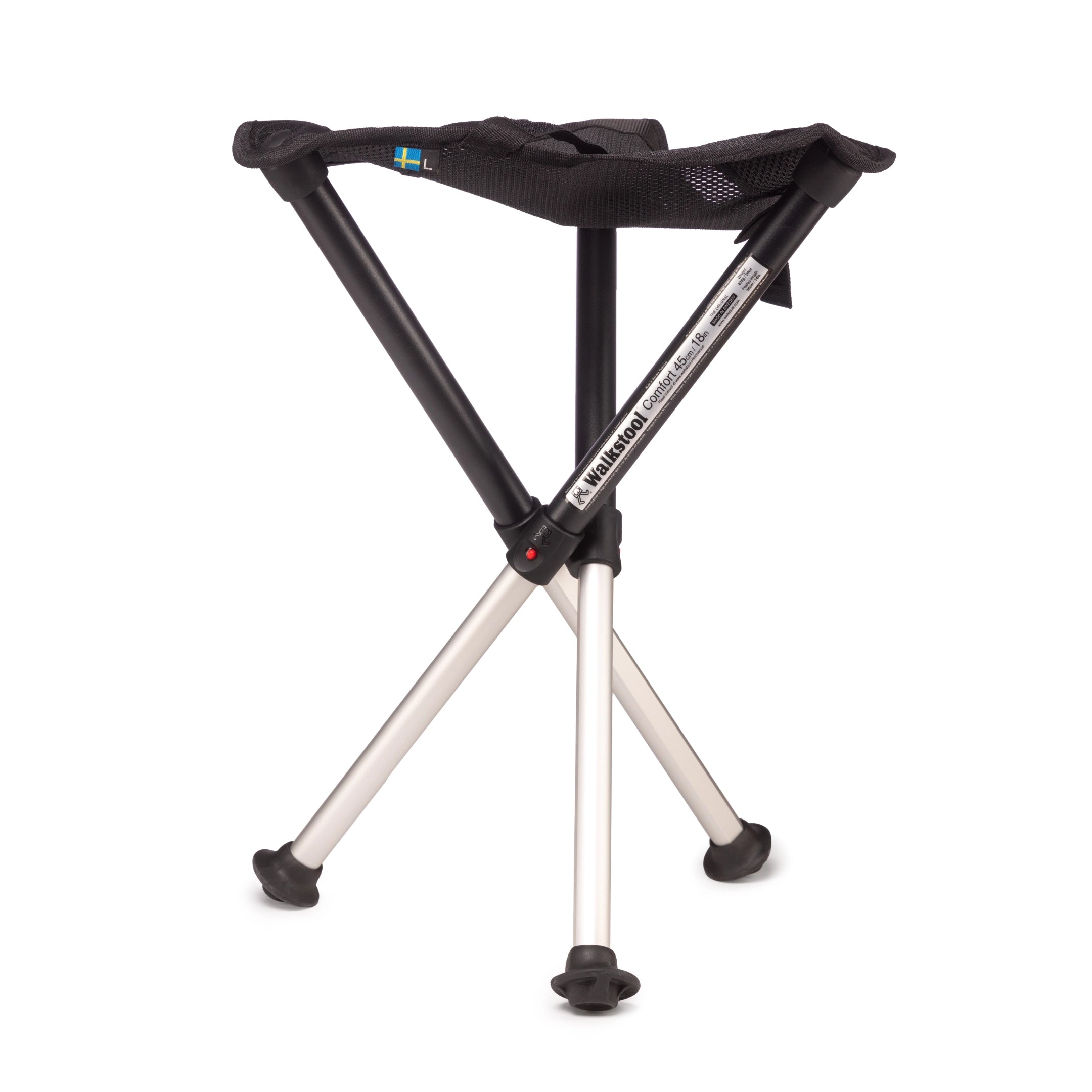 The Walkstool Handpan stool by Walkstool features a lightweight design, collapsible three silver legs, and a fabric seat for easy folding and carrying—ideal for outdoor use.