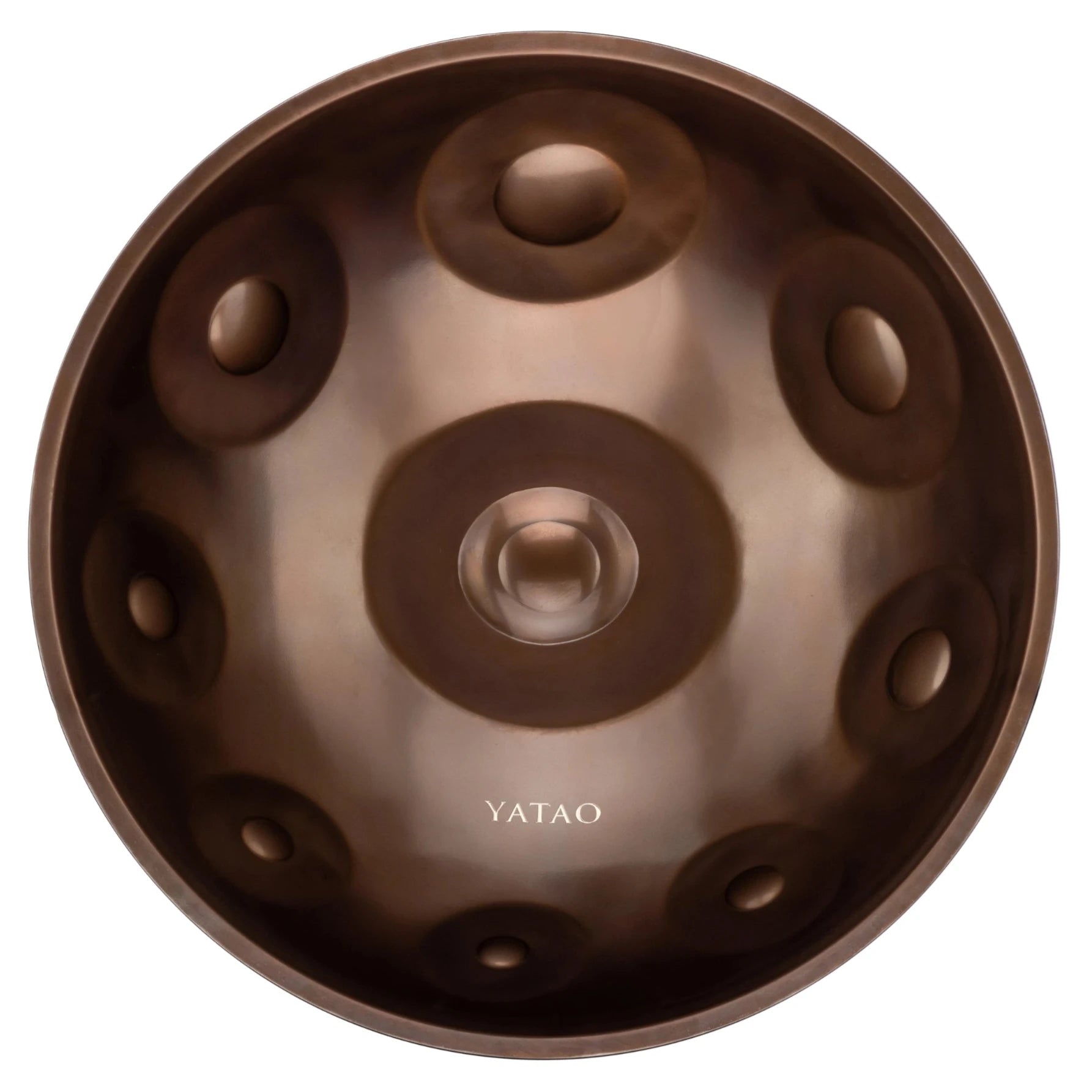 A metallic YataoPan C# Pygmy 9 handpan by Yatao // Shop, viewed from above, shows a central dome and several circular indentations, with the shop’s label visible near the bottom.