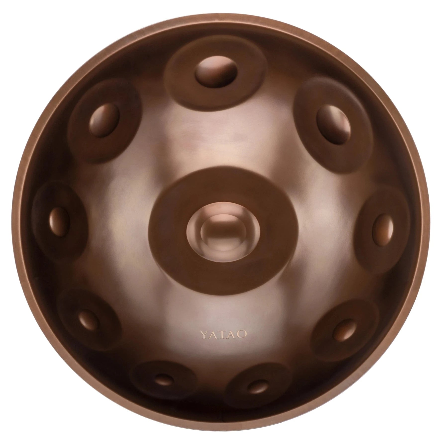 A top view of the YataoPan D Kurd 10 by Yatao // Shop, a brown handpan drum featuring several circular indentations for creating melodic percussion sounds.