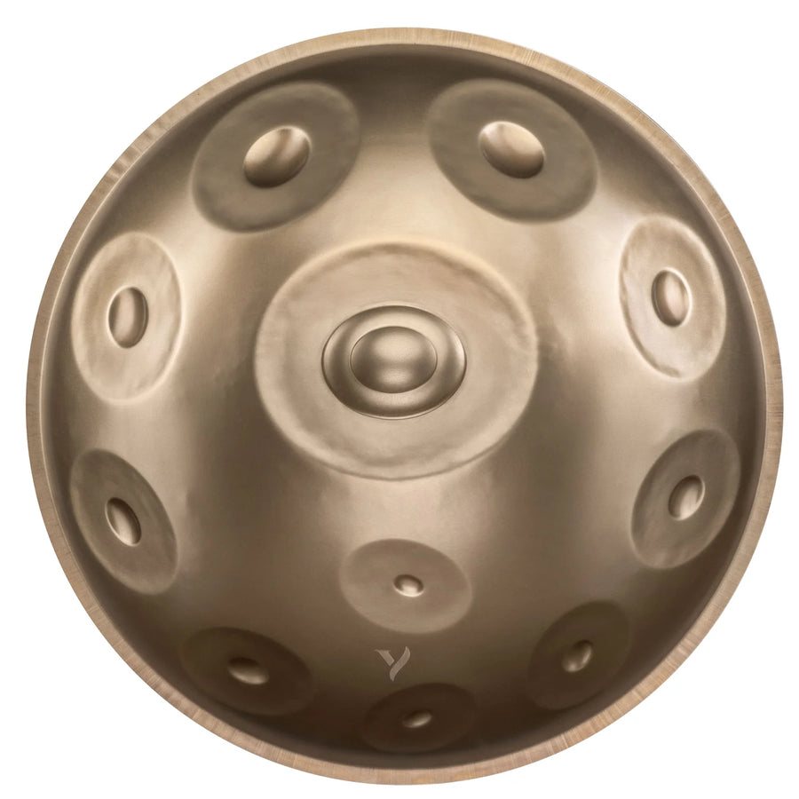 Yatao D Kurd 13 Handpan with 13 notes, gold finish, top view, on a white background