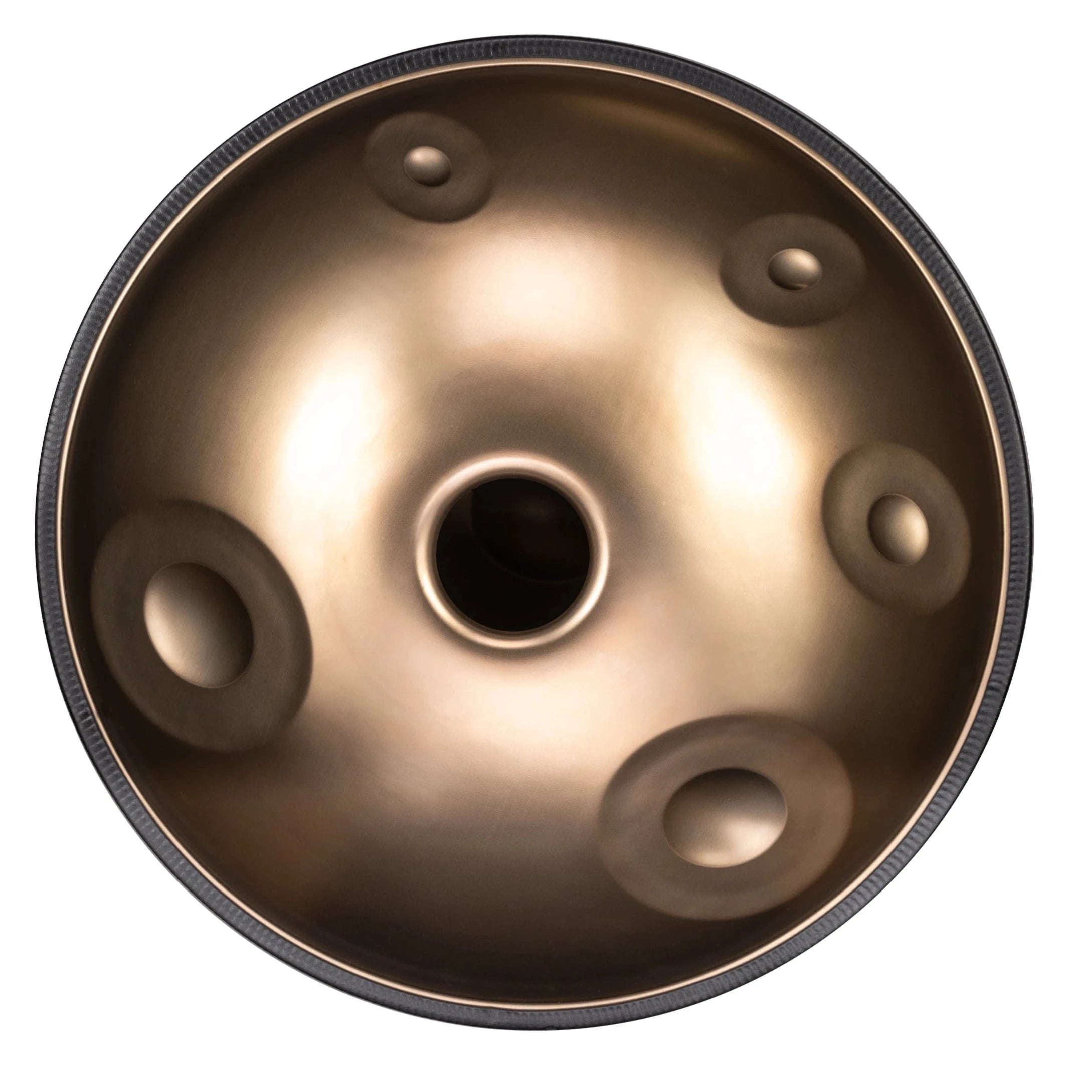 The YataoPan D Ashakiran 15 by Yatao // Shop is a metallic handpan seen from above, with a central hole and multiple circular indentations on its smooth, shiny bronze surface.