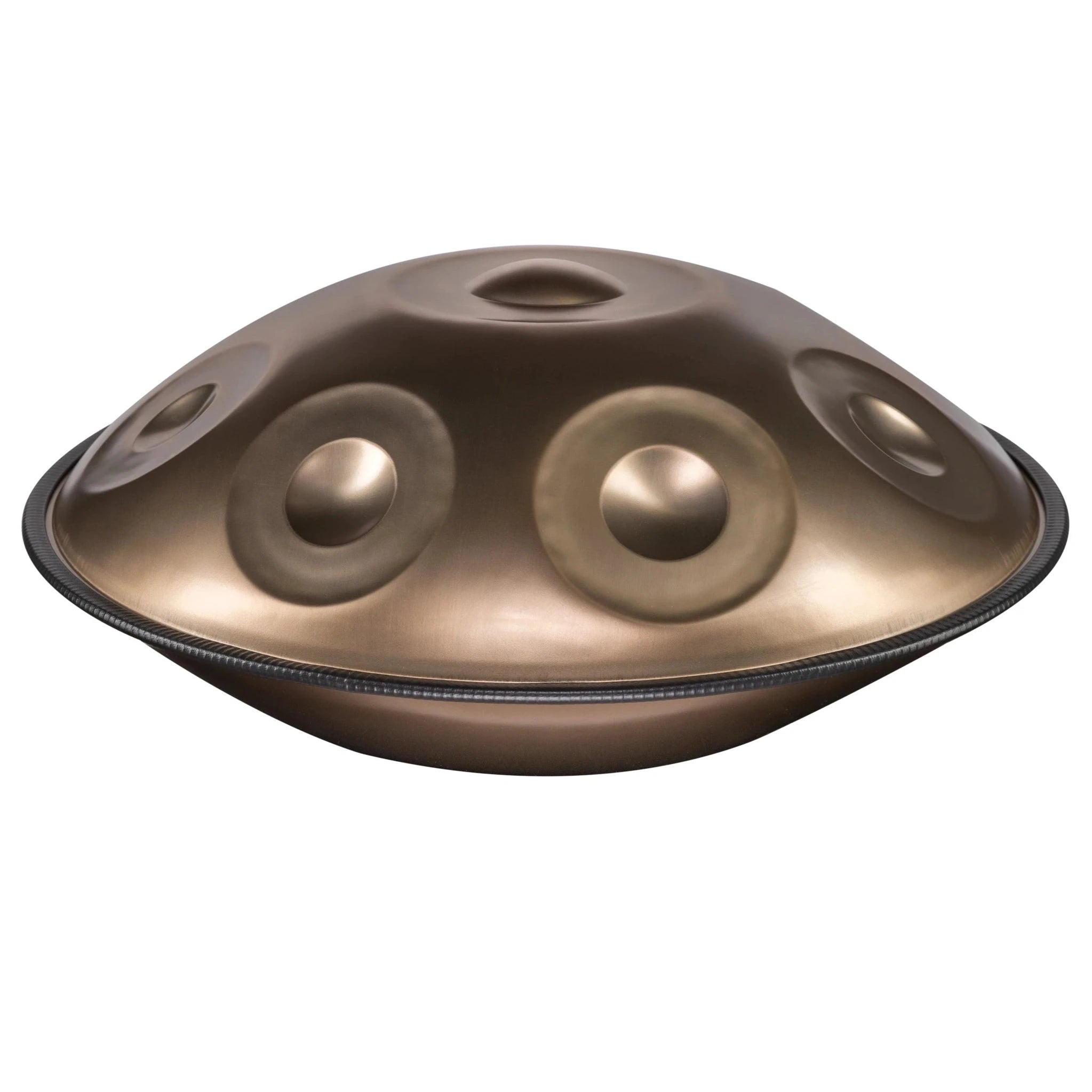The YataoPan D Ashakiran 15 by Yatao // Shop is a metallic, dome-shaped handpan drum featuring circular indentations, designed to create melodic percussion sounds.