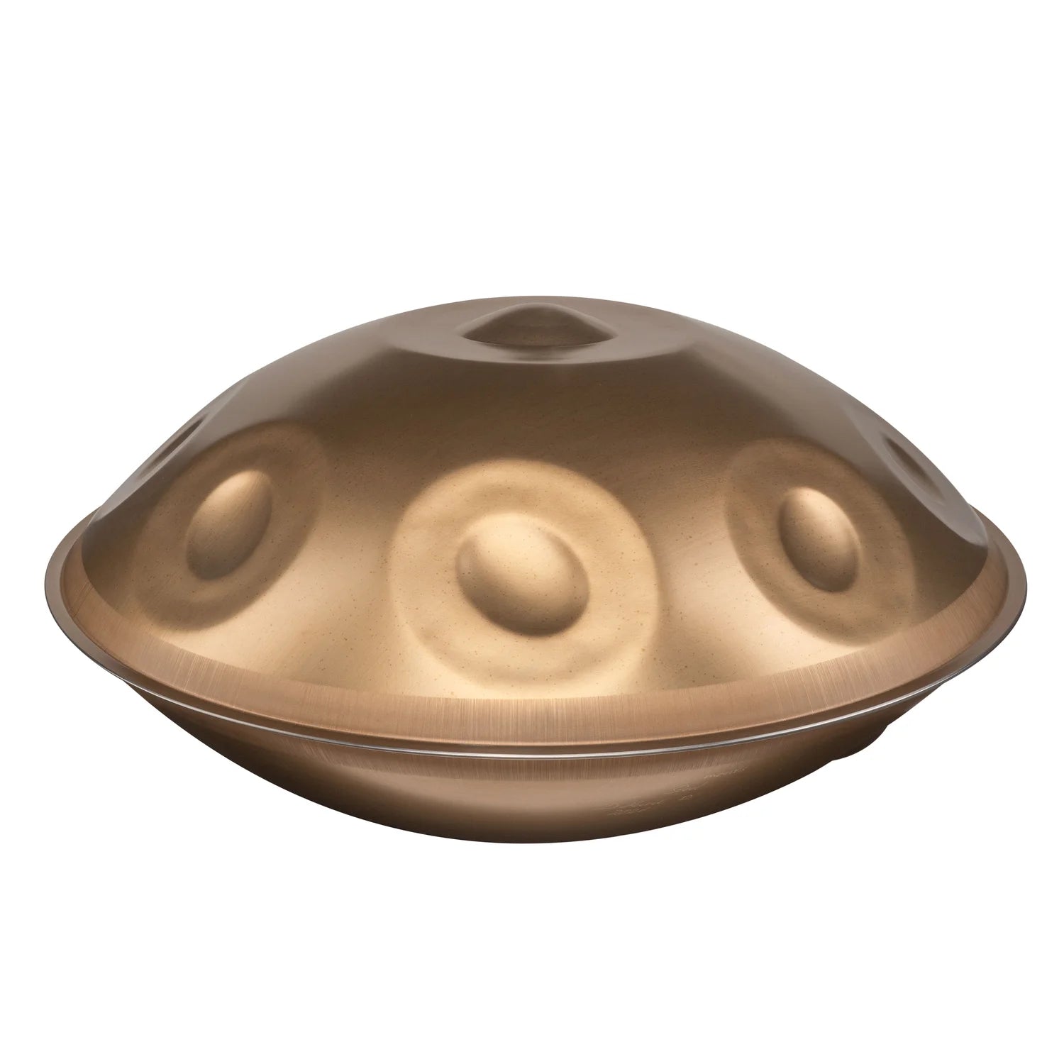 Ayasa D Kurd 12 handpan with 12 notes in a warm gold finish, crafted from Ember Steel, shown from a side perspective on a white background