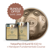 YataoPan D Kurd 13 432 Hz handpan bundle with Handpan Fundamentals course, gold finishhandpan with digital course and Bundle offer, on a white background.