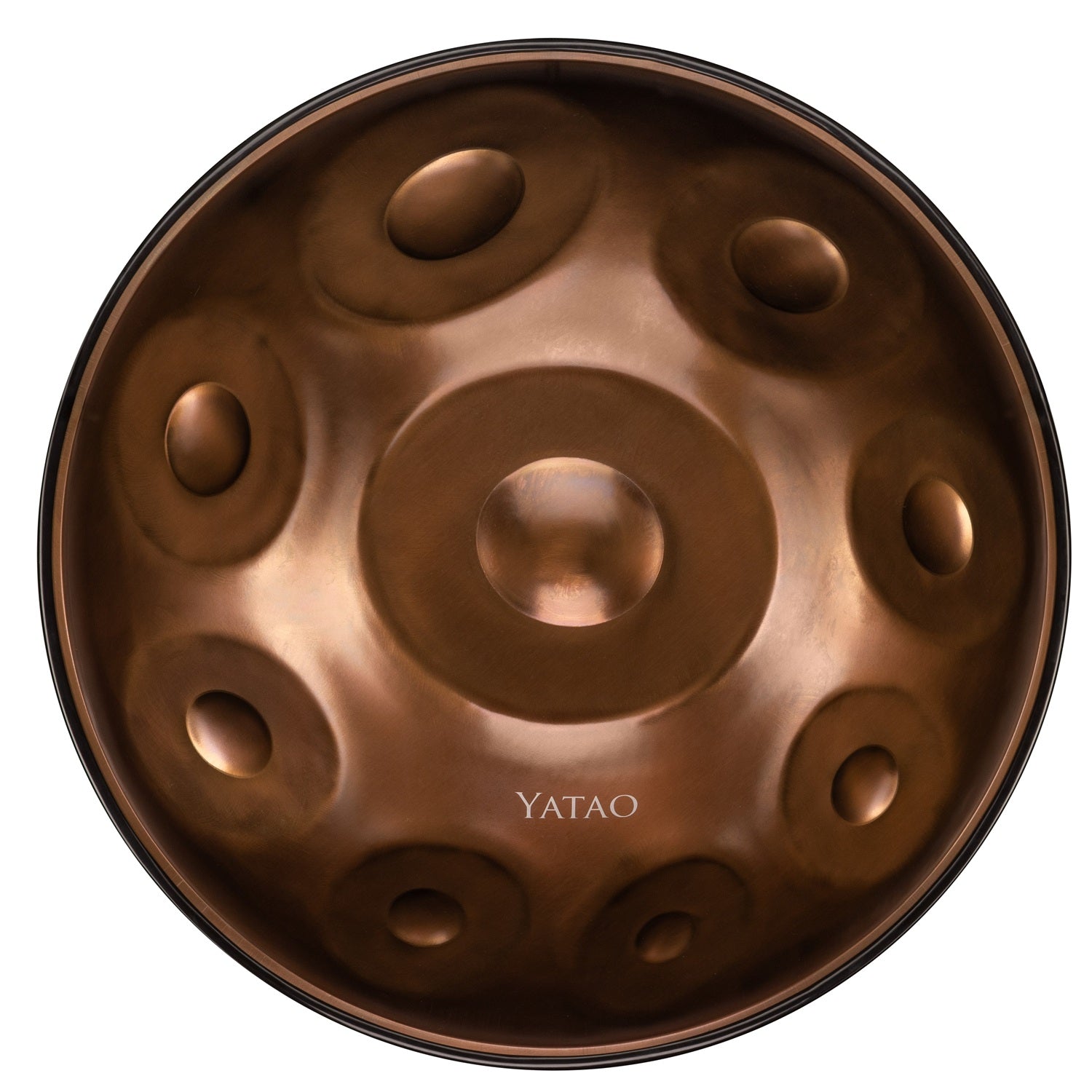 Yatao C Ashakiran 17 Ember Steel handpan with 17 notes in a warm bronze finish, crafted from Ember Steel, shown from a top-down perspective on a white background