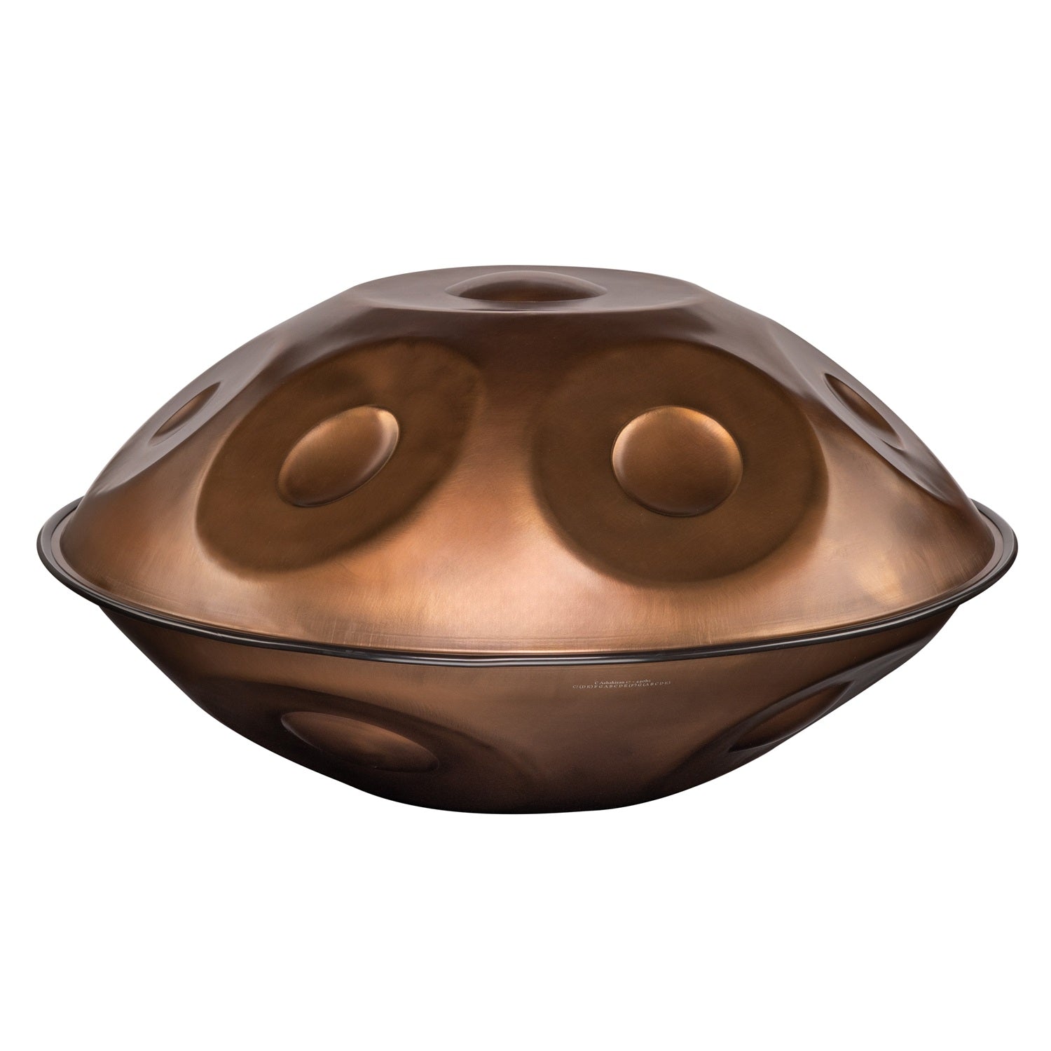 Yatao C Ashakiran 17 Ember Steel handpan with 17 notes in a warm bronze finish, crafted from Ember Steel, shown from a side perspective on a white background