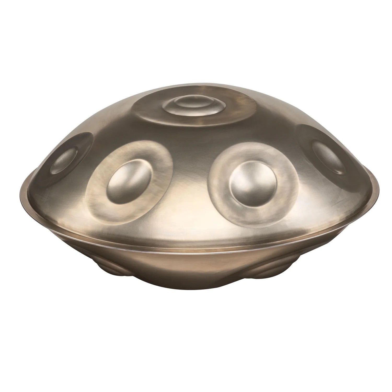 Mudra D Kurd 19 handpan with 19 notes in a silver stainless steel finish, crafted from Stainless Steel, shown from a side perspective on a white background