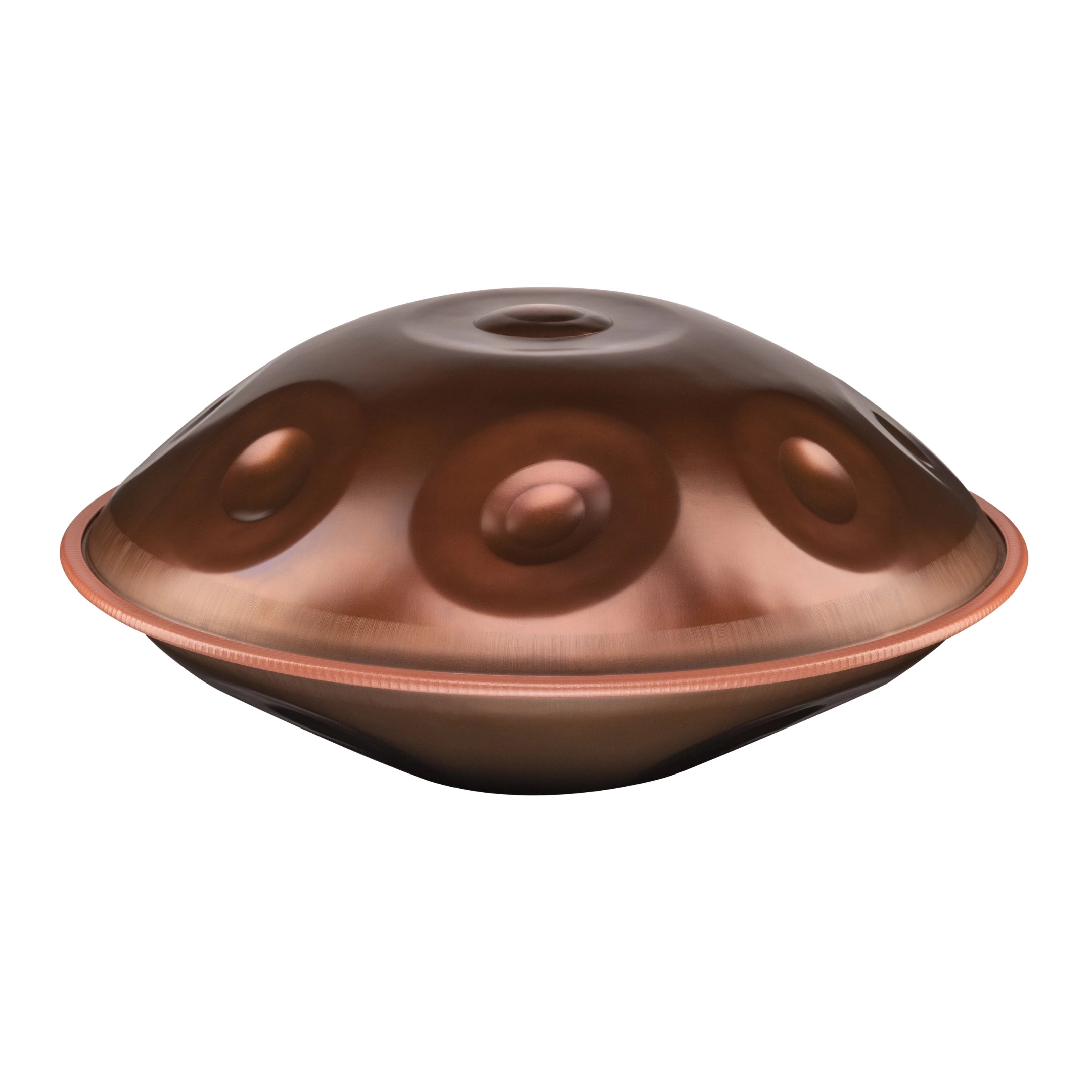  Shop is a metallic, dome-shaped handpan drum with a smooth, shiny bronze finish and circular indentations, shown on a white background. Pre-sale item.