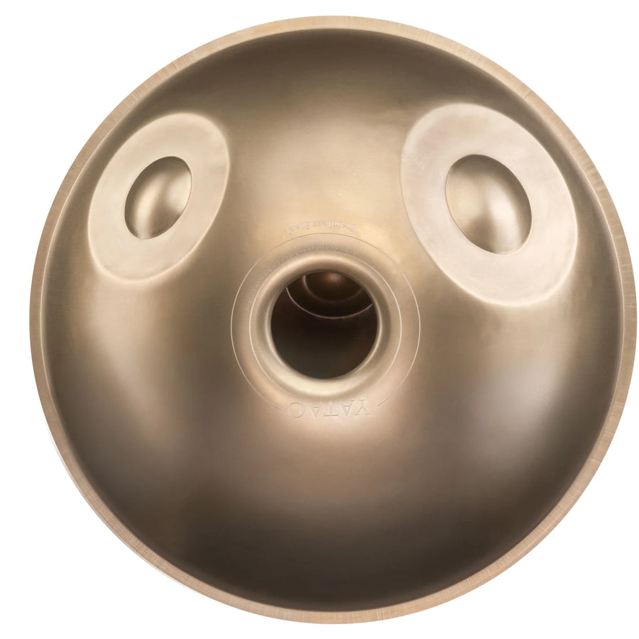 Yatao D Kurd 13 Handpan, gold finish, bottom view showing bottom notes and Yatao branding, on a white background