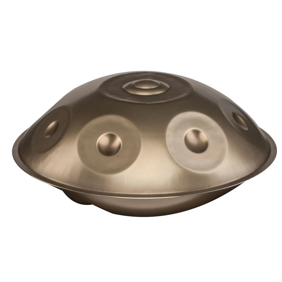 Yatao D Kurd 13 Handpan, gold finish, side view showing ding and tone fields, on a white background