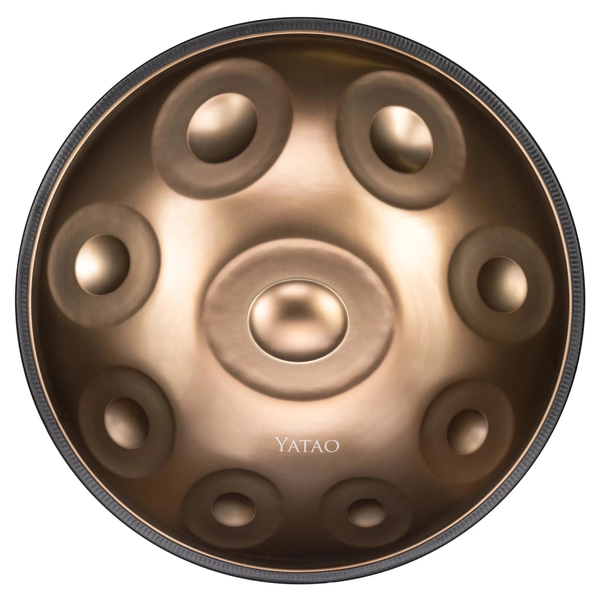  Shop, a bronze handpan drum with circular indentations, is shown from above on a white background with ‘Handpan’ printed near the bottom.