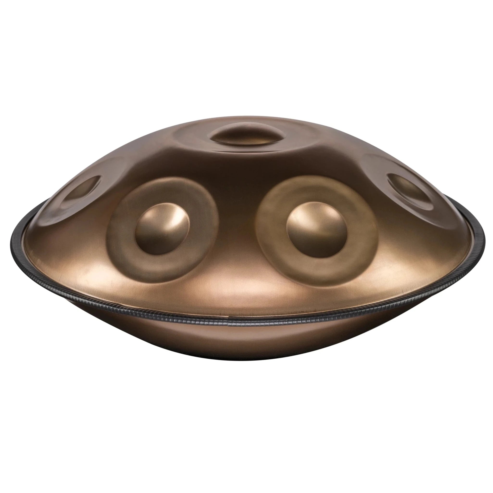  Shop YataoPan C Ashakiran 15, a metallic handpan with a smooth dome and circular indentations, rests on a white background, showcasing the brand’s craftsmanship.