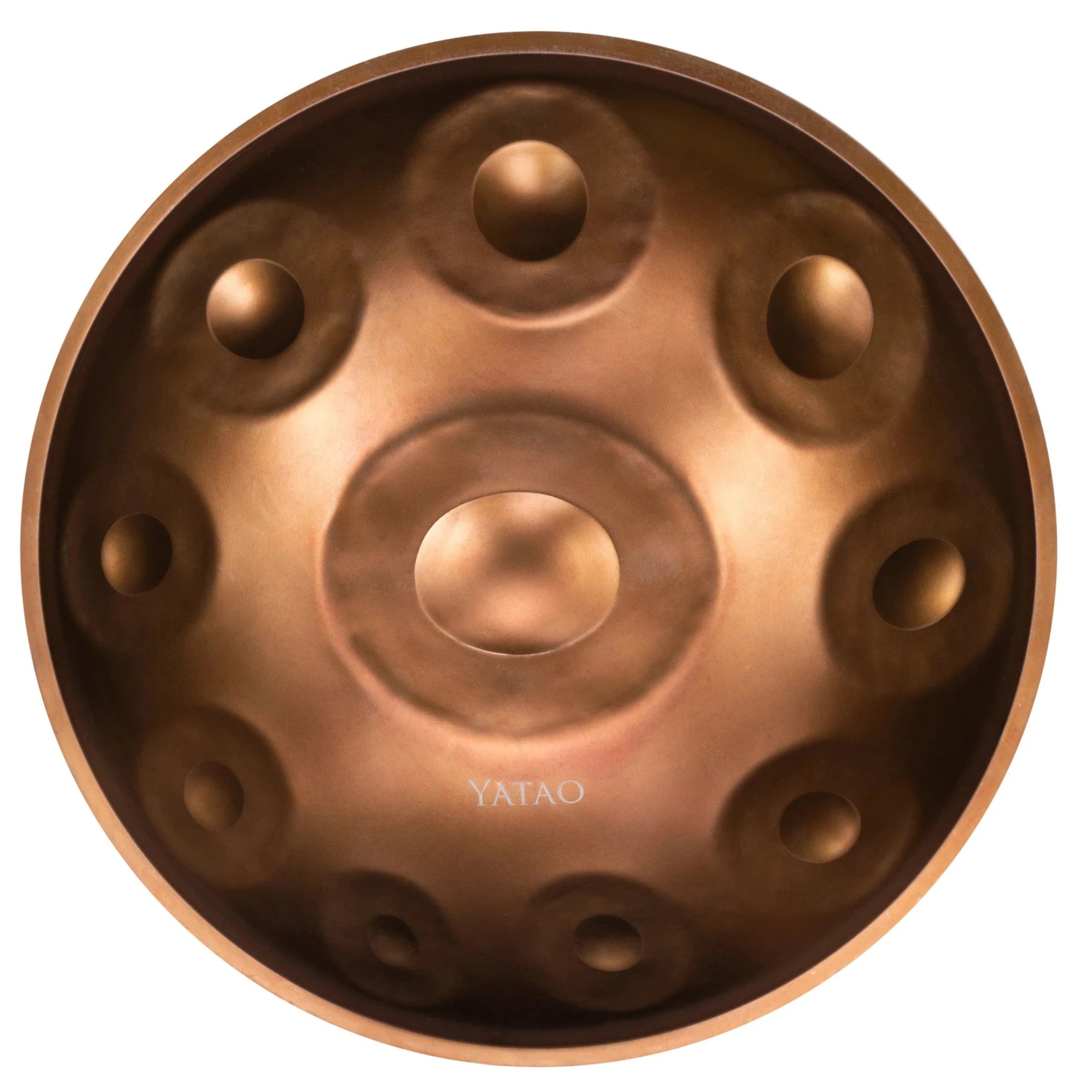  Shop is a round, metallic handpan with a bronze finish, featuring a central dome and multiple indentations, inspired by the signature design of the Yatao Handpan Shop.