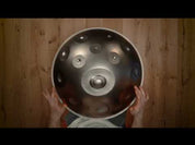 Mudra E Amara 20 handpan with 20 notes in a silver stainless steel finish, crafted from Stainless Steel, shown from a top-down perspective on a white background