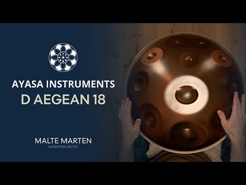 Ayasa D Aegean 18 handpan video by Malte Marten, featuring an 18-note bronze handpan played from a top-down perspective on a YouTube thumbnail